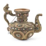 A MIDDLE EAST METAL PITCHER DECORATED WITH HARDSTONES 20TH CENTURY.