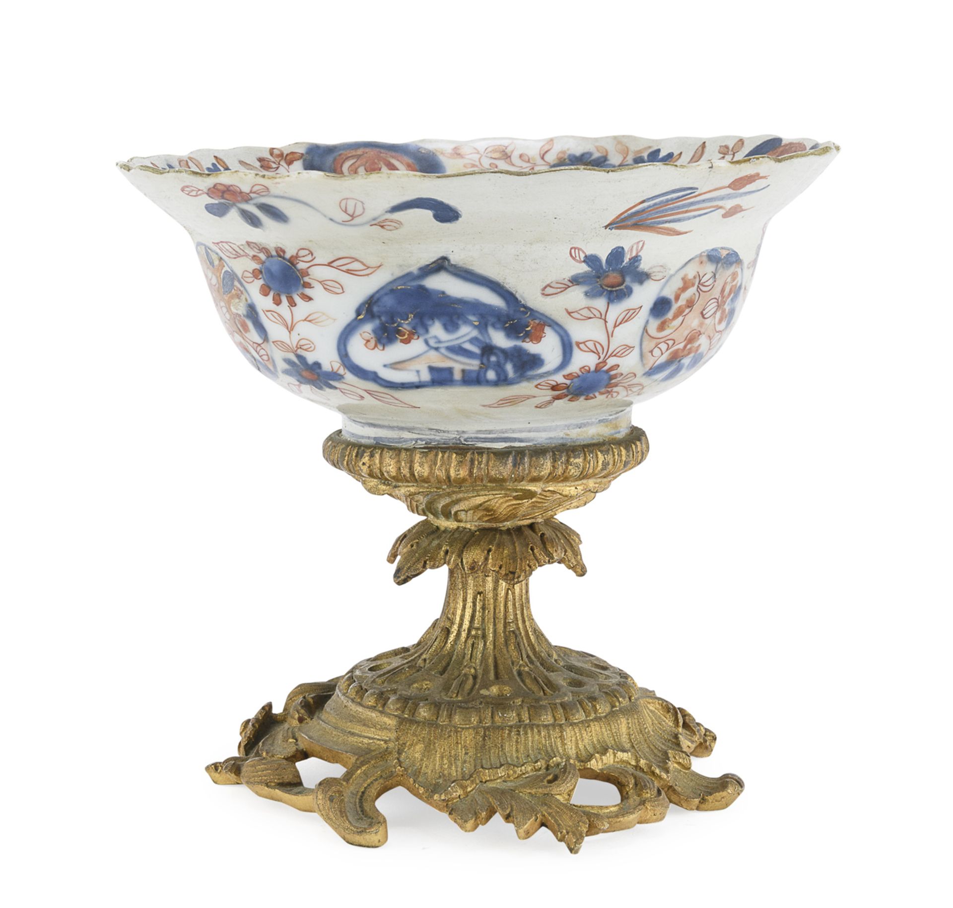 A CHINESE POLYCHROME AND GOLD ENAMELED PORCELAIN BOWL WITH BRONZE STAND. 18TH CENTURY.