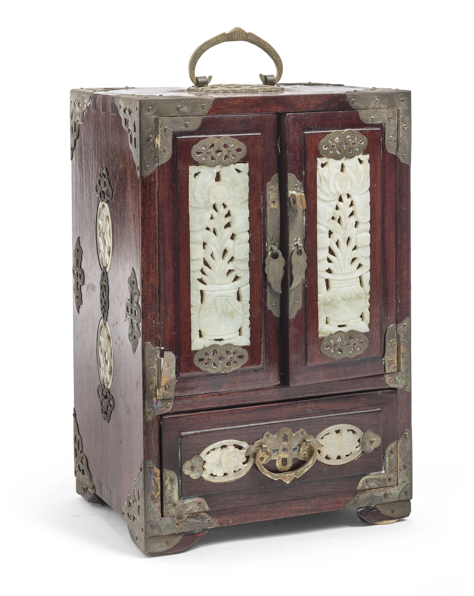 A CHINESE COIN CABINET IN WOOD JADE AND BRONZE 20TH CENTURY.