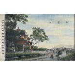 CHINESE SCHOOL 20TH CENTURY. LANDSCAPES WITH TEMPLE. PAIR OF ENGRAVINGS ON SILK.