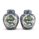 A PAIR OF CHINESE POLYCHROME ENAMELED LIDDED PORCELAIN JARS 20TH CENTURY.