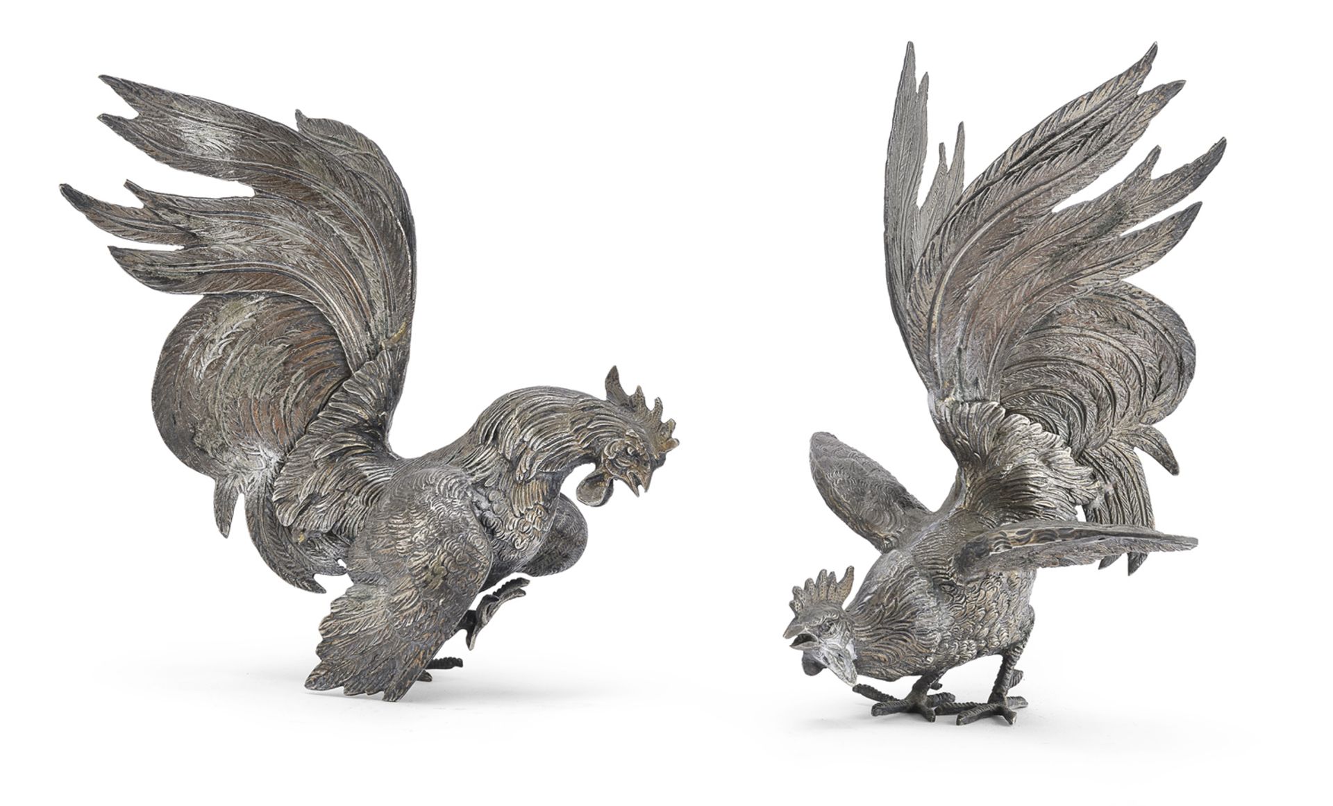 PAIR OF SILVERED BRONZE ROASTER SCULPTURES EARLY 20TH CENTURY