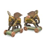 A PAIR OF THAI LAQUER WOOD TOYS IN SHAPE OF ELEPHANTS. EARLY 20TH CENTURY.