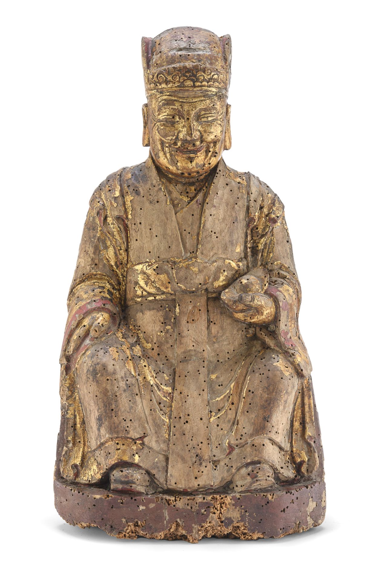 A CHINESE RED AND GOLD LACQUERED WOOD SCULPTURE OF CAI SHEN LATE 19TH CENTURY.