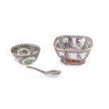 A CHINESE POLYCHROME ENAMELED PORCELAIN BOWL CUP AND A SPOON 20TH CENTURY.