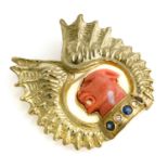 GOLD FANTASY BROOCH WITH CORAL SAPPHIRES AND DIAMONDS