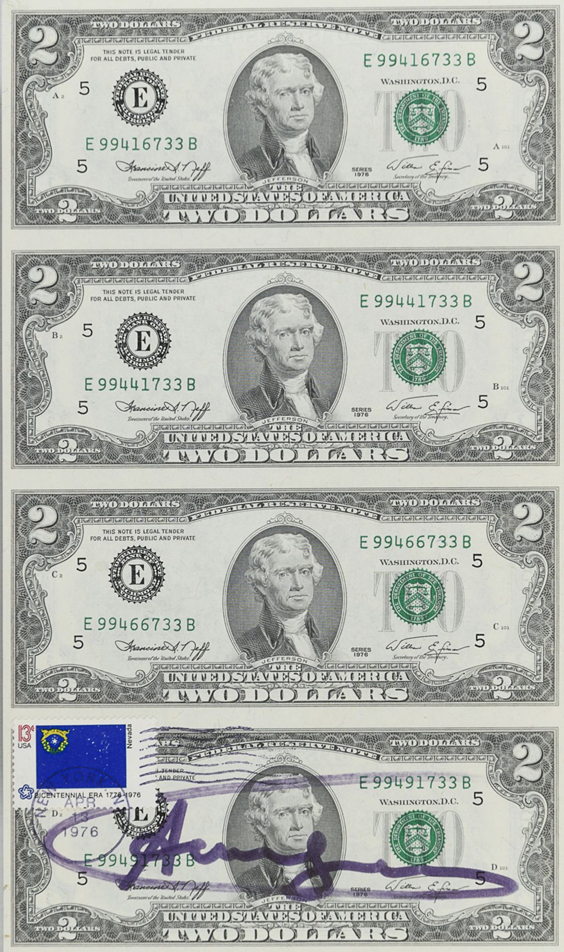FOUR DOLLAR BANKNOTES BY ANDY WARHOL