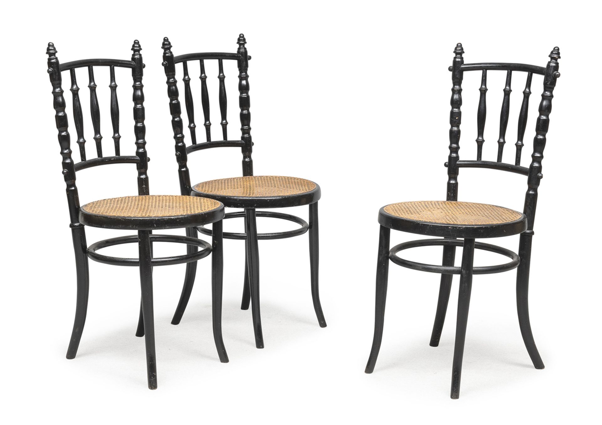 THREE EBONY WOOD CHAIRS PROBABLY FISHER EARLY 20TH CENTURY