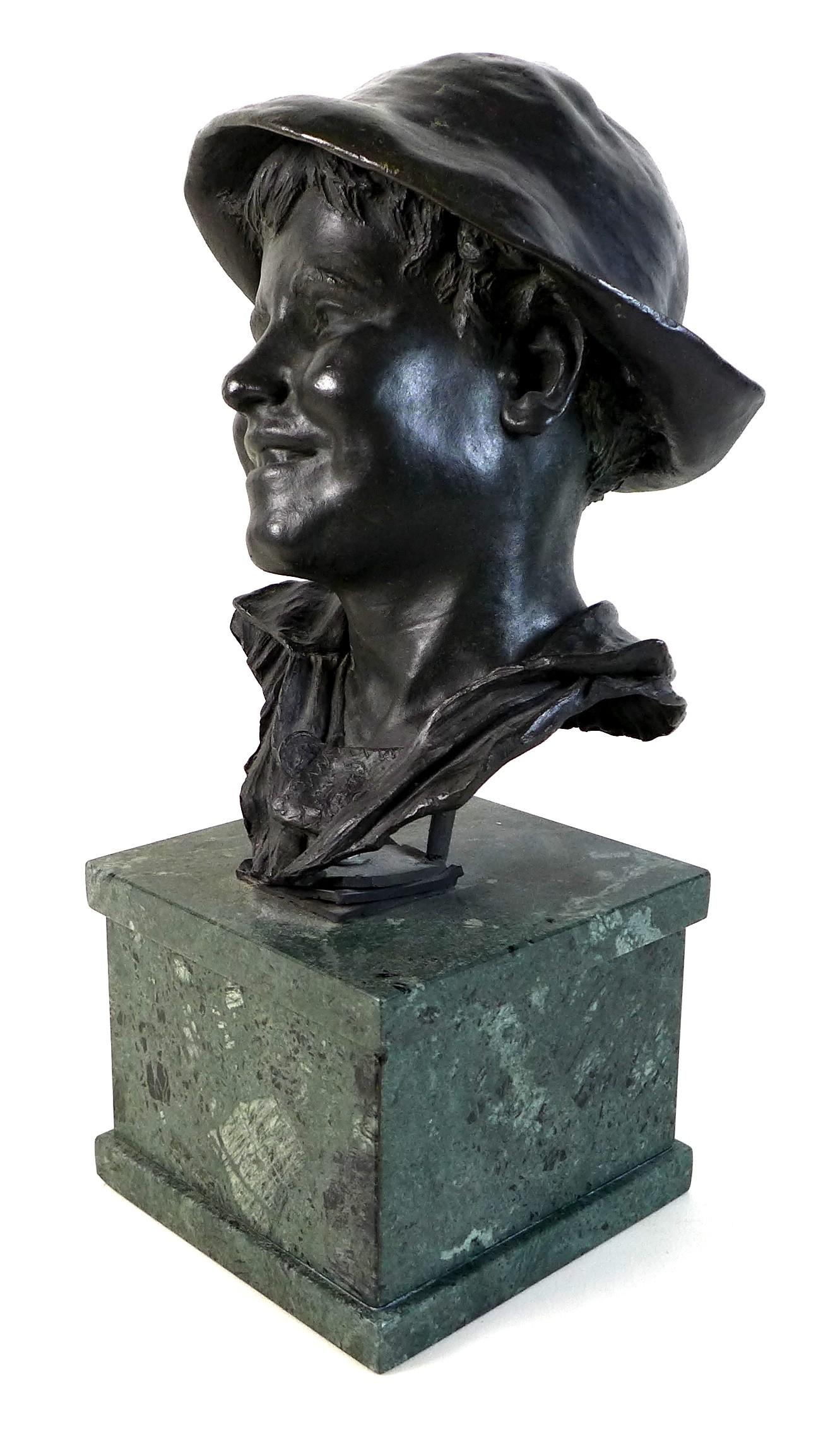 A large bronze bust of a Neapolitan man wearing a hat, with dark green patina, Italian, unsigned but - Image 2 of 4