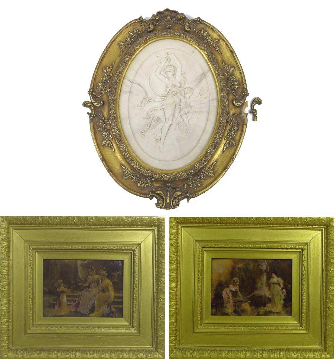 Two Victorian crystoleum pictures, in deep gilt frames, together with an oval carved marble plaque