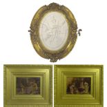 Two Victorian crystoleum pictures, in deep gilt frames, together with an oval carved marble plaque