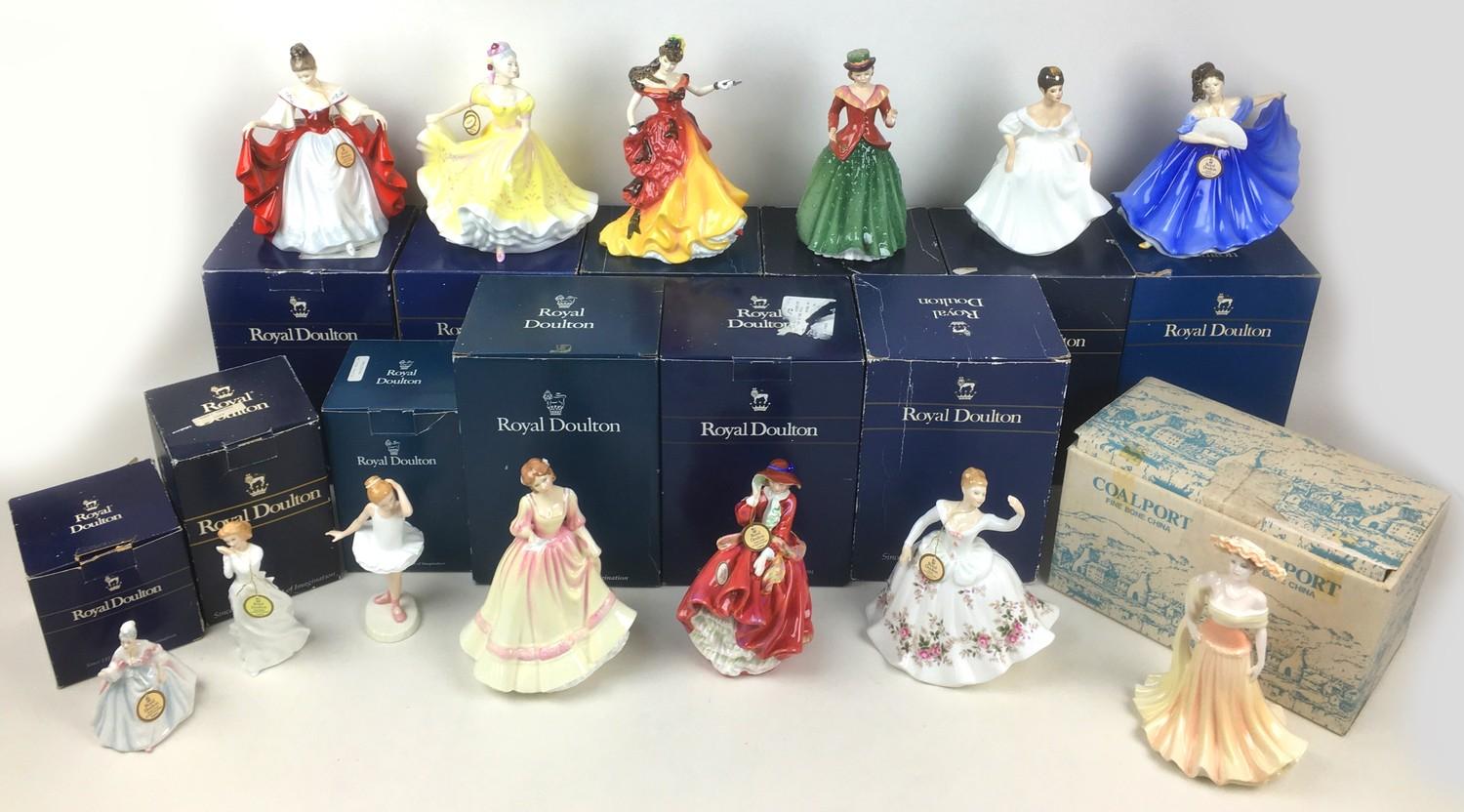 A group of thirteen Royal Doulton and Coalport figurines, all most boxed, comprising twelve Royal