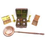 A group of copper and brass items, including a copper warming pan, 108 by 31 by 10cm high, a pair of