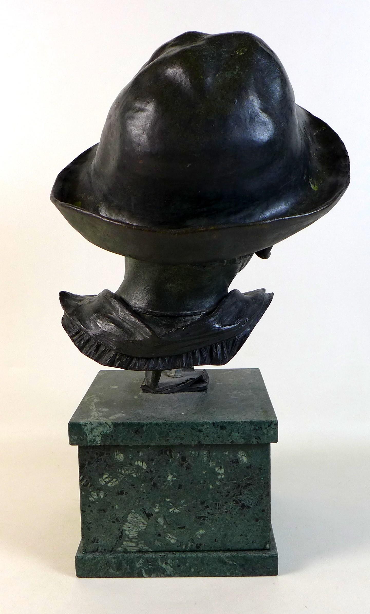 A large bronze bust of a Neapolitan man wearing a hat, with dark green patina, Italian, unsigned but - Image 3 of 4