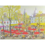 After Francois 'Fanch' Ledan (French, b. 1949): an artist's proof print of Red parasols in a town