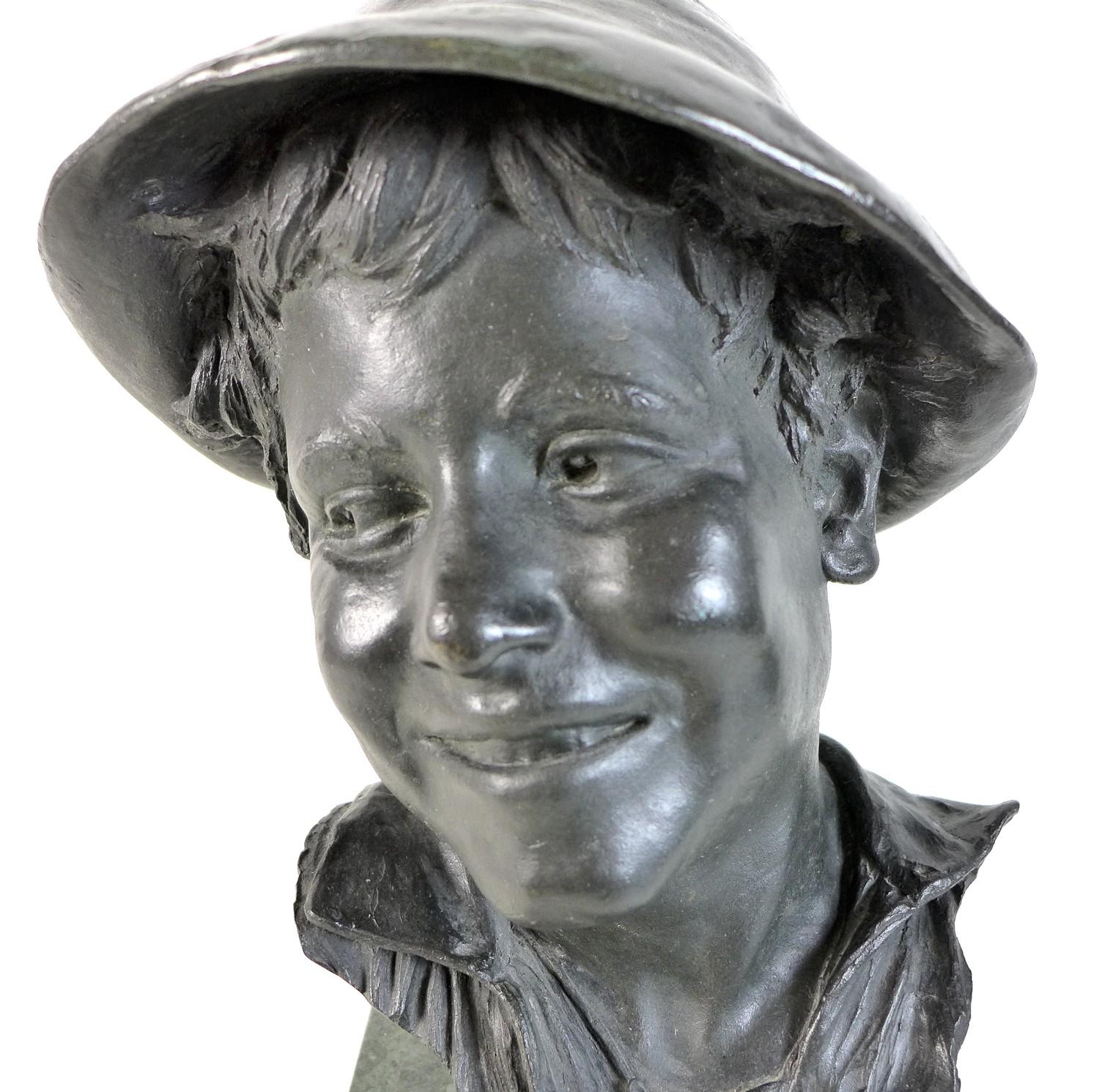 A large bronze bust of a Neapolitan man wearing a hat, with dark green patina, Italian, unsigned but - Image 4 of 4