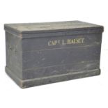 A Victorian black painted pine trunk, painted white text to front 'Capt L. Halsey', a/f missing