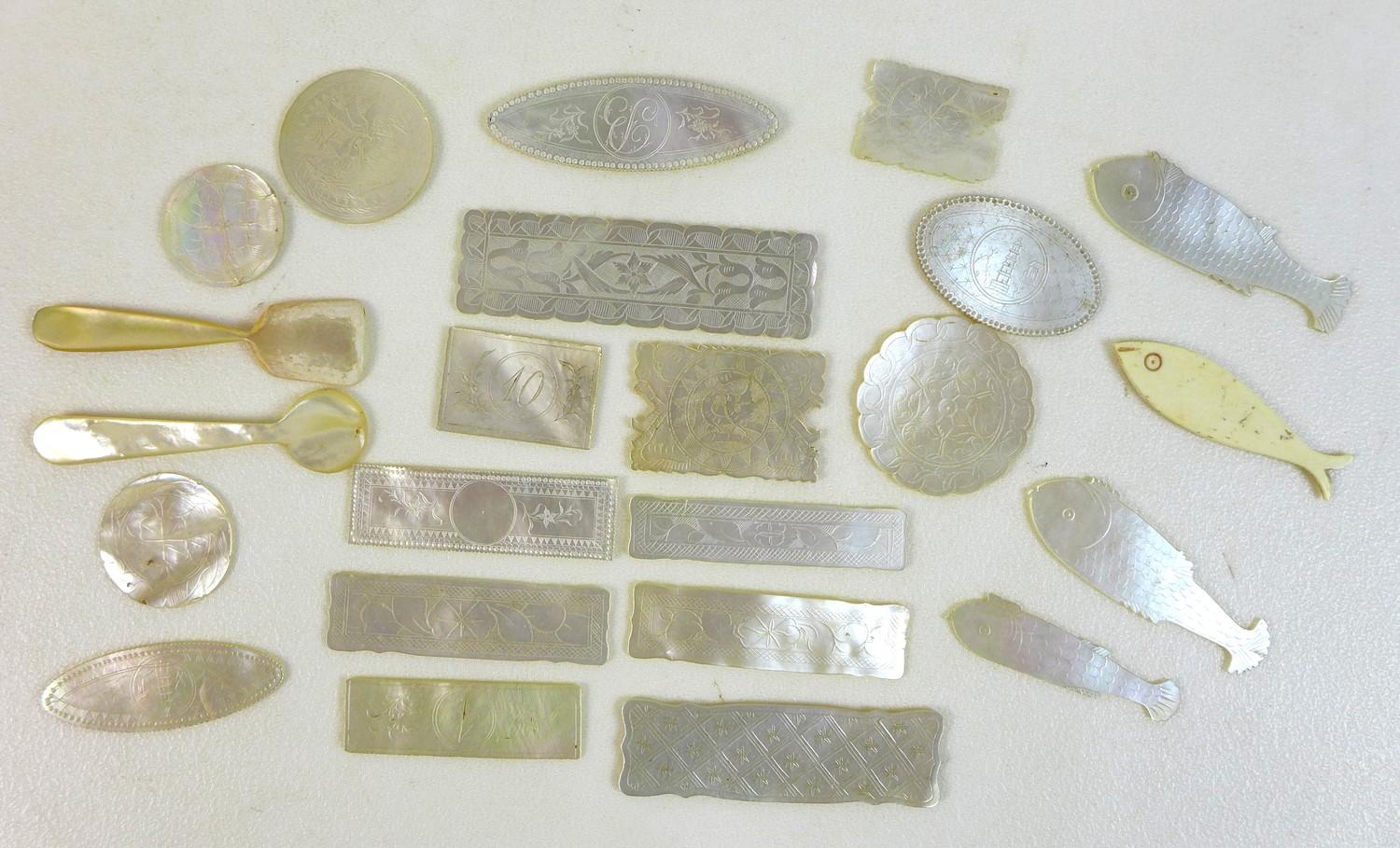A collection of 19th century and later carved mother of pearl gaming counters, including Chinese - Image 2 of 2