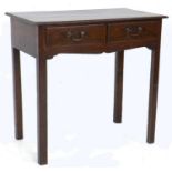 A George III oak side table, two freeze draws with brass swan neck handles, raised on square section