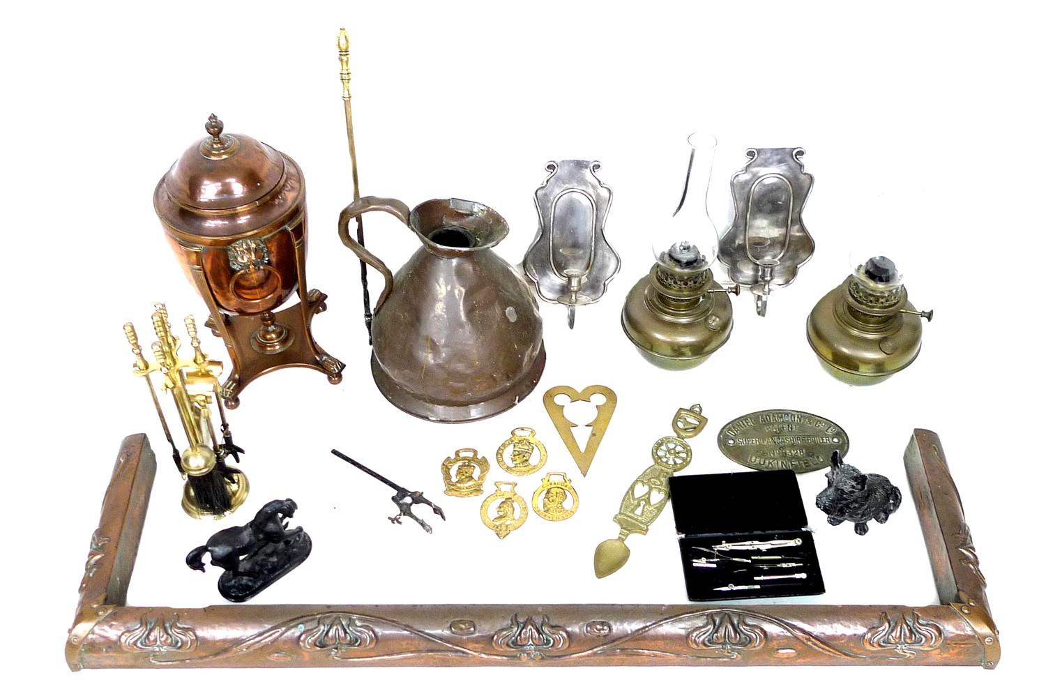 A collection of brass and metalware, including an Art Nouveau copper fire fender,130 by 36 by 8.