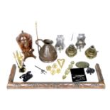 A collection of brass and metalware, including an Art Nouveau copper fire fender,130 by 36 by 8.