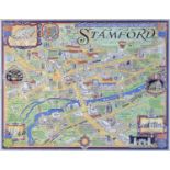 After Wilfrid Rene Wood (British, 1888-1976): map of Stamford, a six colour lithograph, signed and