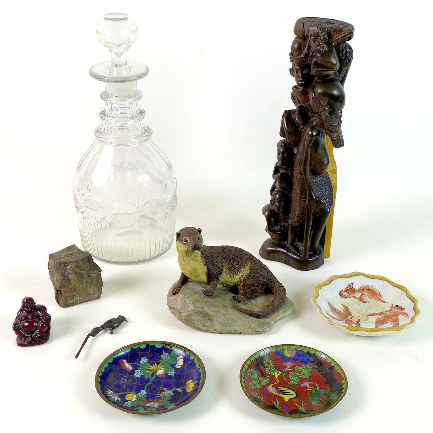 A mixed group of collectables, comprising a Victorian clear glass three ring decanter and stopper,