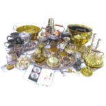A collection of silver plated, brass, copper and other metal items, including twin handled oval