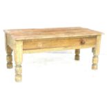 A Victorian pine low side table, three plank top, single drawer, raised on turned legs, 87.5 by 44.5