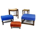A group of five stools, all mid to late 20th century, including three with upholstered seats, (