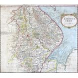 After Robert Morden (British, 1650-1703): a map of Lincolnshire, later hand coloured, 36 by 41cm,