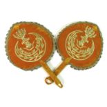 Two Persian hand fans, gold coloured velvet with embroidered design 'Sultan of Perac', originally