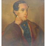 A 19th century portrait of a gentleman in a smoking jacket with wine coloured waistcoat, blue cravat