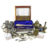 A mixed collection of silver plated, pewter, and copper items, including a cased fish serving