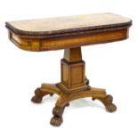 A Victorian burr walnut card table, D form fold over surface, black baize surface, square section