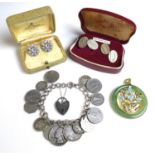 A group of jewellery, comprising a pair of gold plated engine turned cufflinks by Stratton, a pair