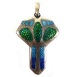 An Art Nouveau Charles Horner silver pendant, double sided, decorated with green, turquoise and blue