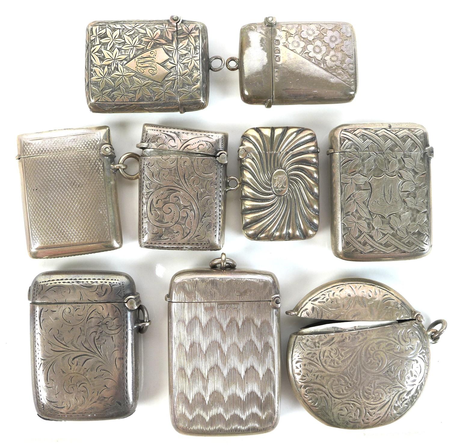 A group of Edwardian silver vesta cases, including a round example with engraved swirling - Image 3 of 3