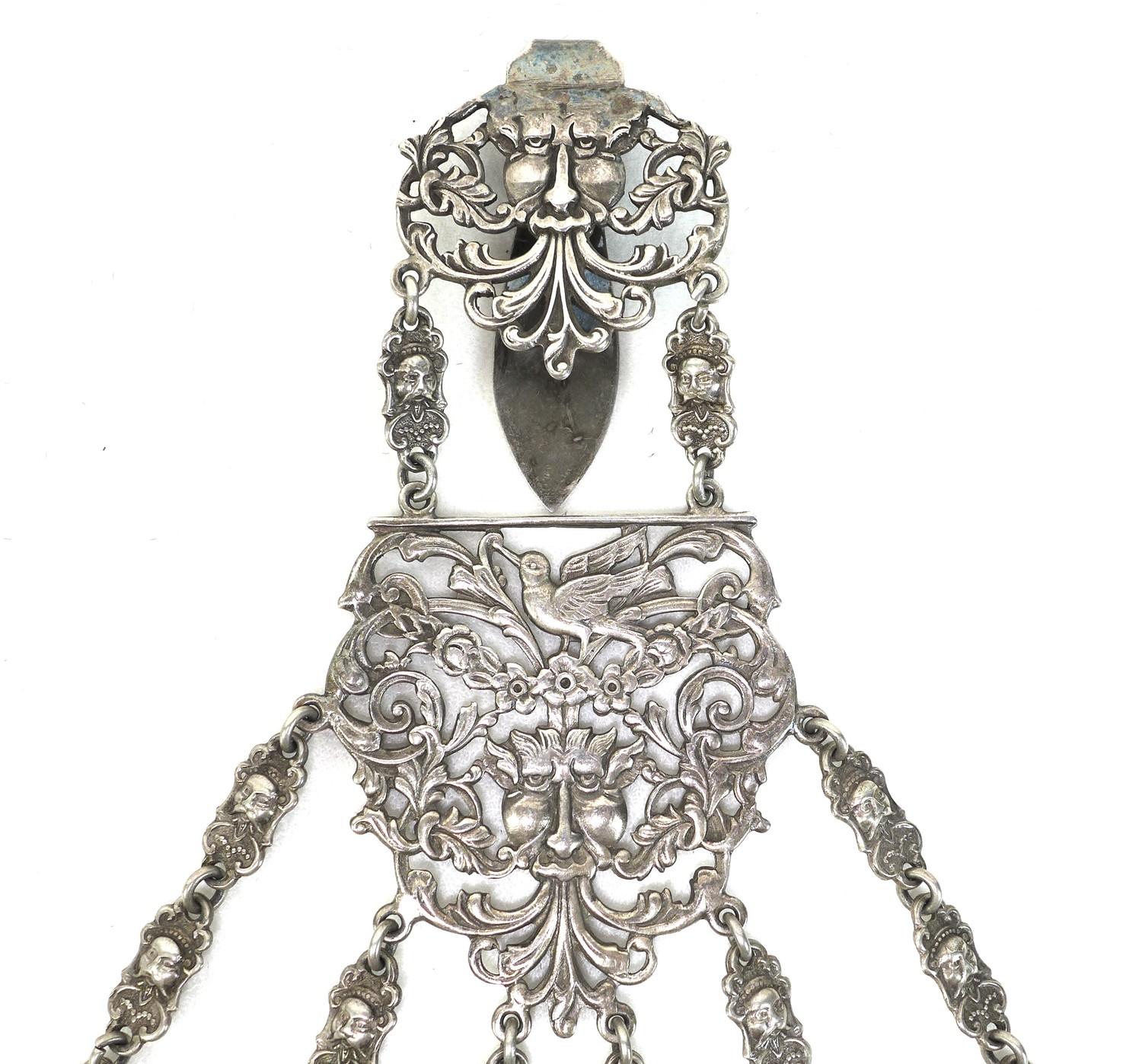 A Edwardian silver plated chatelaine, the belt buckle featuring Green Man decoration, fitted with - Image 2 of 6