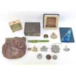 A group of collectables, including two travel clocks, an evening bag, a Chinese white metal box, a