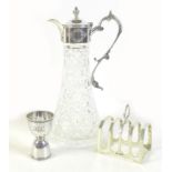 A contemporary silver mounted hobnail cut clear glass claret jug, JC, Sheffield 1985, 13 by 28.5cm