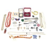 A group of vintage costume jewellery, including a marcasite set necklace, an Art Deco paste set