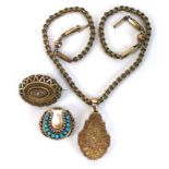 A group of Victorian gold jewellery, comprising a 14ct gold brooch set with turquoise and seed