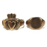 Two 9ct gold rings, comprising a 9ct gold Claddagh ring, size R, 6.4g, and a 9ct gold signet ring,