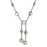 A vintage white metal and moonstone necklace, formed of nine cabochon moonstones, 7mm to 5mm, with