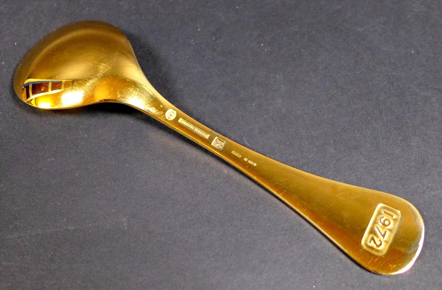 A Georg Jensen gilt Sterling silver 1972 year spoon, with enamel corn marigold to its finial, - Image 3 of 5