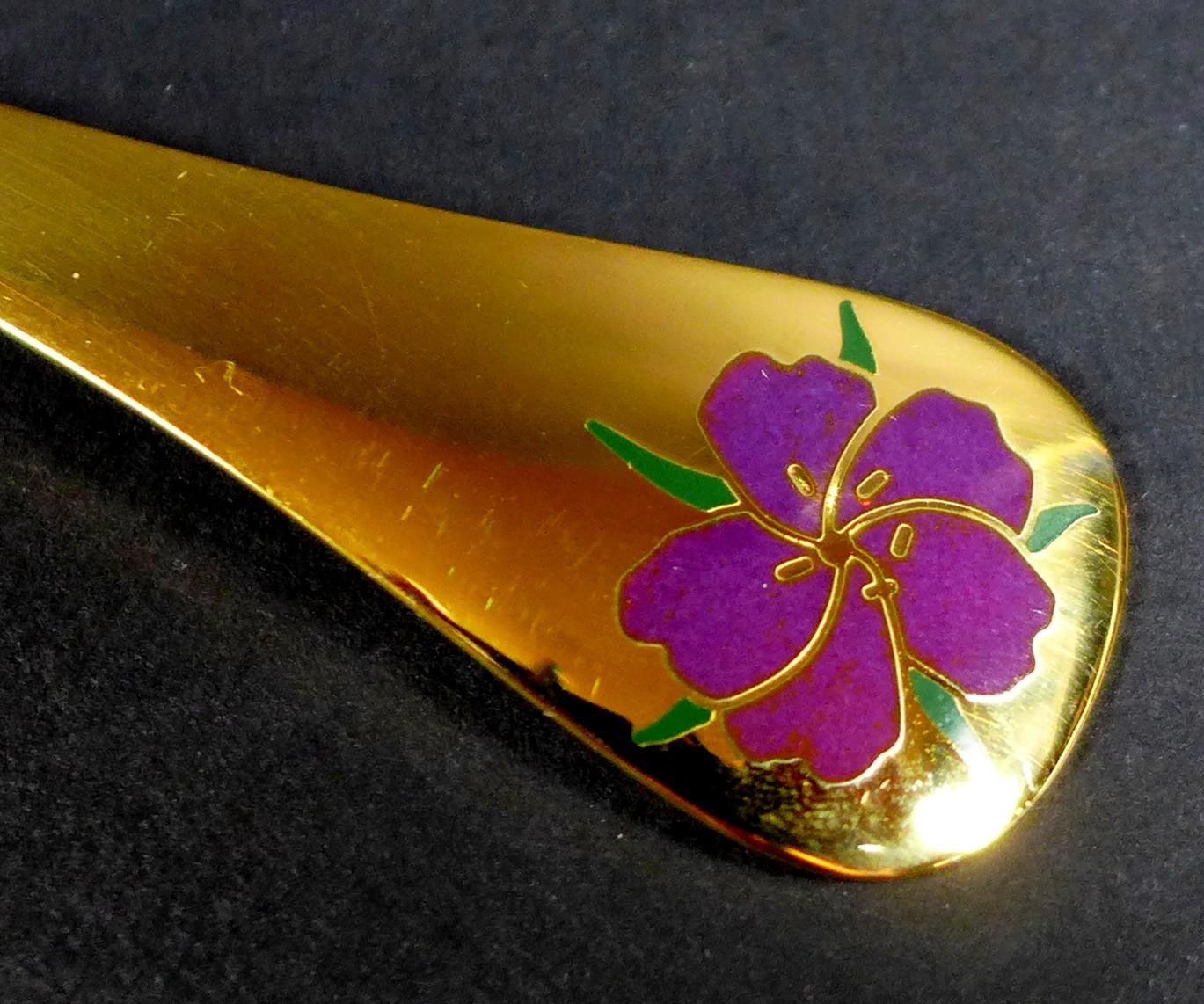 A Georg Jensen gilt Sterling silver 1974 year spoon, with enamel corn cockle to its finial, Designed - Image 2 of 5