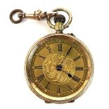A 14ct gold cased pocket watch, the gold coloured face with chapter ring enclosing Roman numerals,