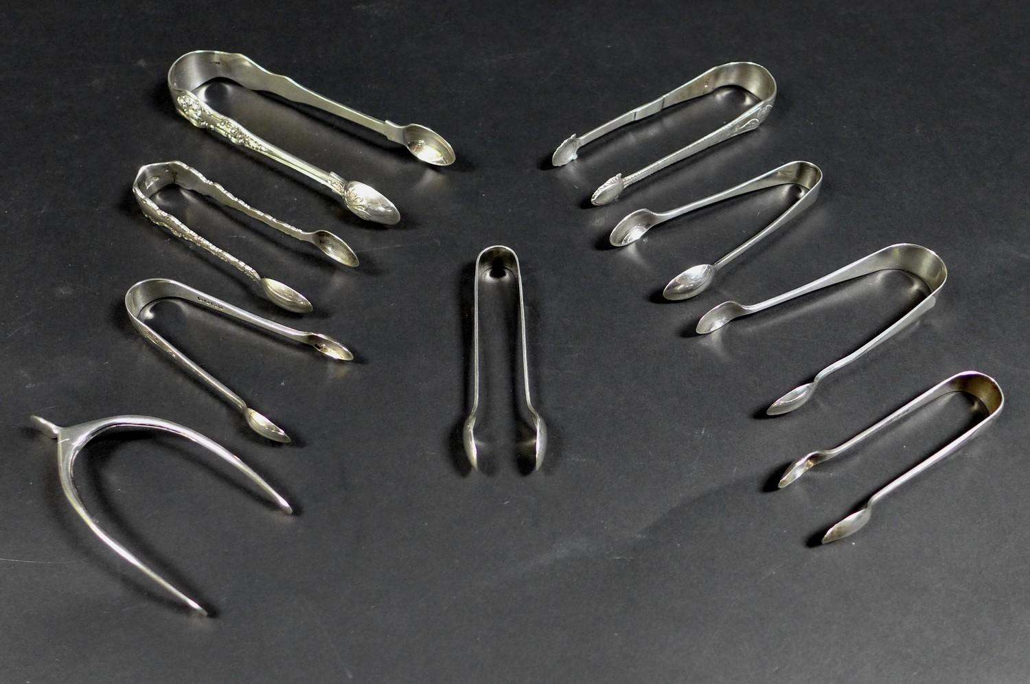 A collection of nine Victorian and later silver sugar tongs, with five Victorian tongs, including