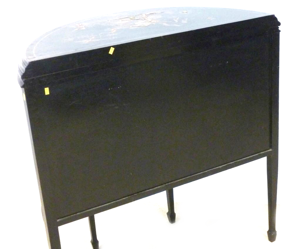 A Japanese black lacquered demi lune sideboard, circa 1910, with two doors enclosing a single shelf, - Image 3 of 5